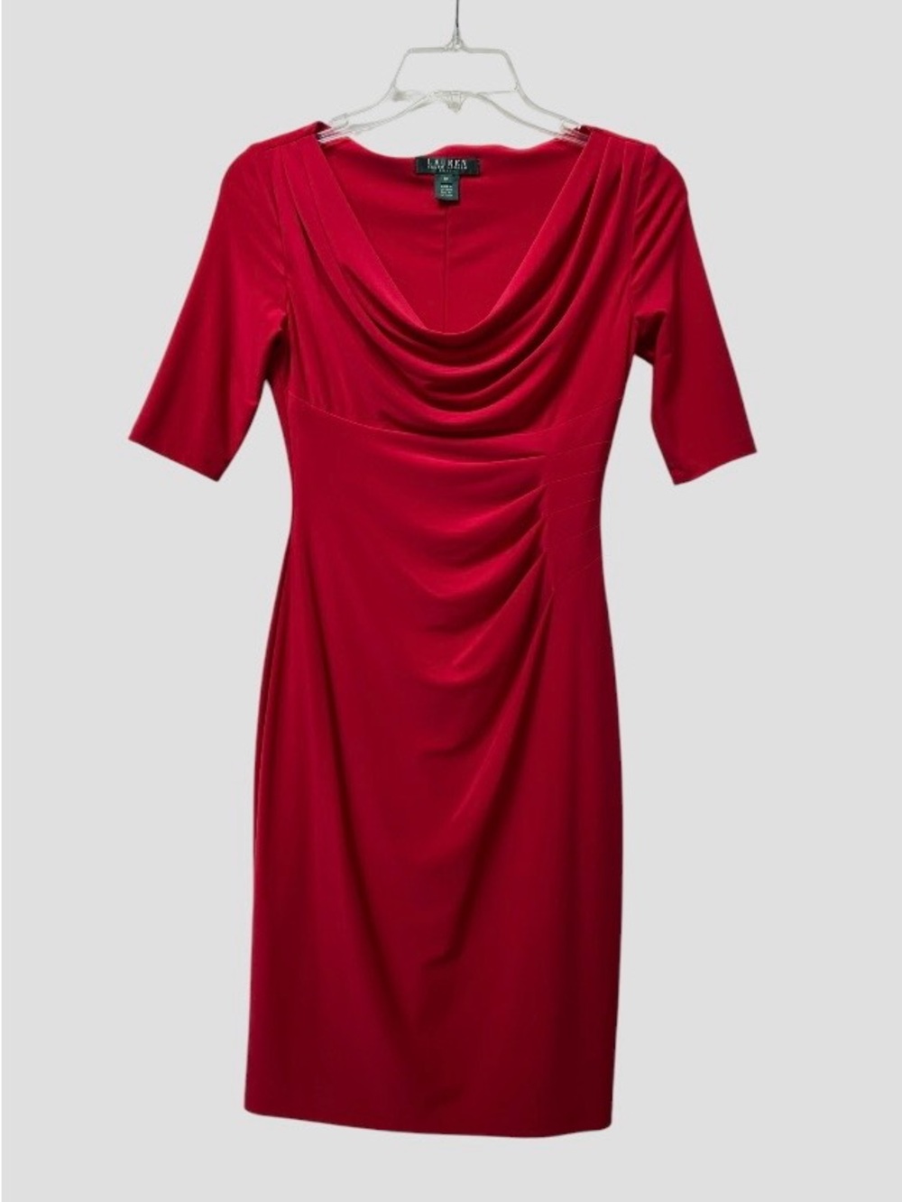 NWT Lauren Ralph Lauren Quiet Luxury Red Cowl Neck Ruched Sheath Dress Petite 0P